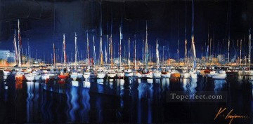 Landscapes Painting - boats in wharf blue Kal Gajoum